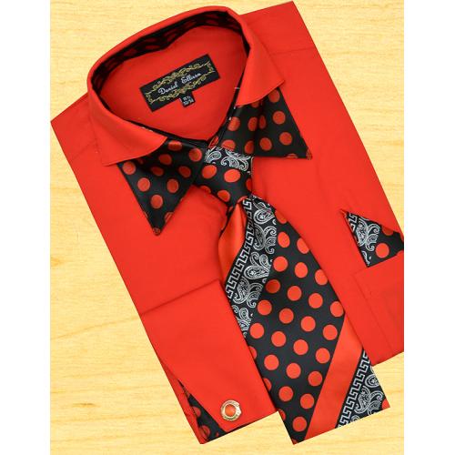 Daniel Ellissa Red / Black Polka Dots Double Collar Shirt / Tie / Hanky Set With Free Cufflinks FS1112P2